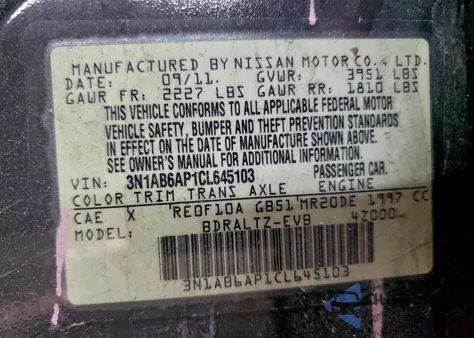 2012 Nissan Sentra 2.0 z USA, uszkodzony, nr VIN 3N1AB6AP1CL645103